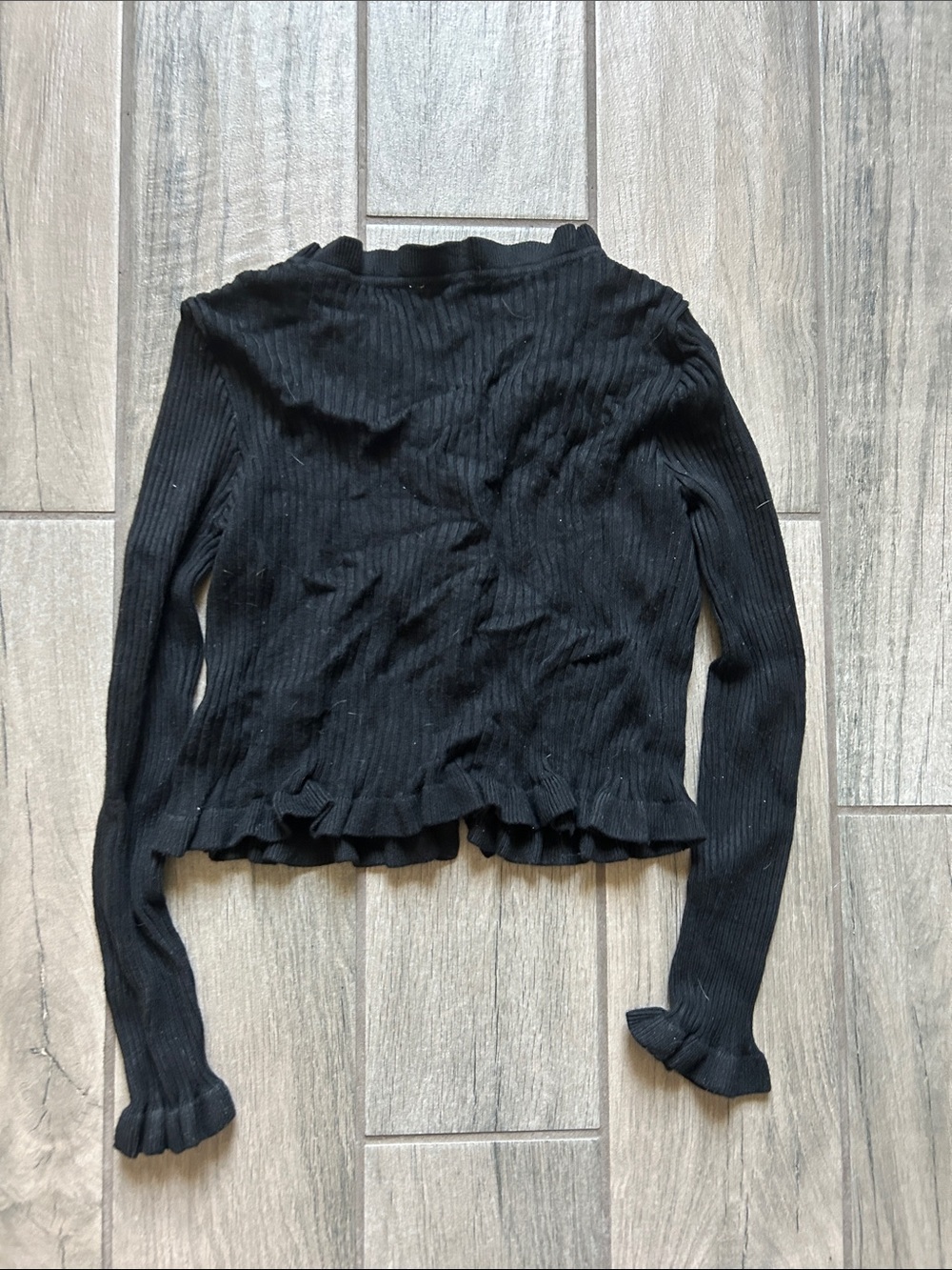 Black Ruffle-Trim Ribbed Women's Cardigan - Picture 4 of 4